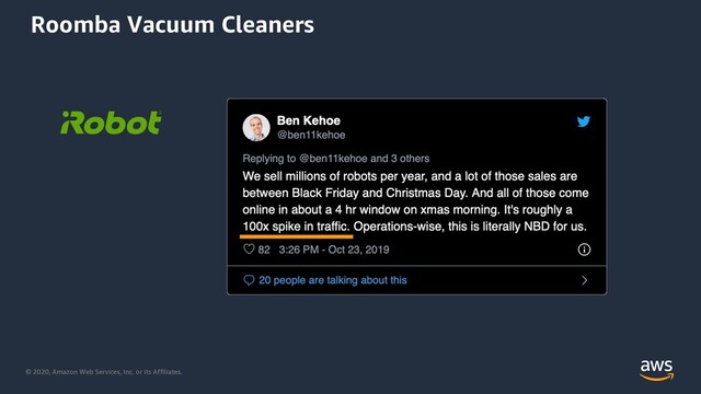 © 2020, Amazon Web Services, Inc. or its Affiliates.
Roomba Vacuum Cleaners
