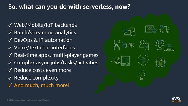 © 2020, Amazon Web Services, Inc. or its Affiliates.
So, what can you do with serverless, now?
✓ Web/Mobile/IoT backends
✓ Batch/streaming analytics
✓ DevOps & IT automation
✓ Voice/text chat interfaces
✓ Real-time apps, multi-player games
✓ Complex async jobs/tasks/activities
✓ Reduce costs even more
✓ Reduce complexity
✓ And much, much more!
