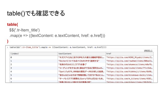 table()でも確認できる
table(
$$('.tr-Item_title')
.map(e => ({textContent: e.textContent, href: e.href}))
)
