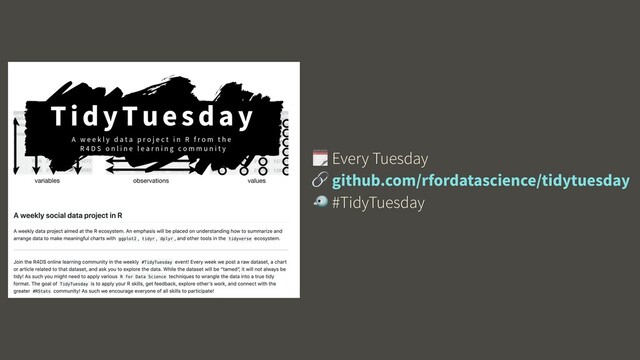  Every Tuesday
 github.com/rfordatascience/tidytuesday
 #TidyTuesday
