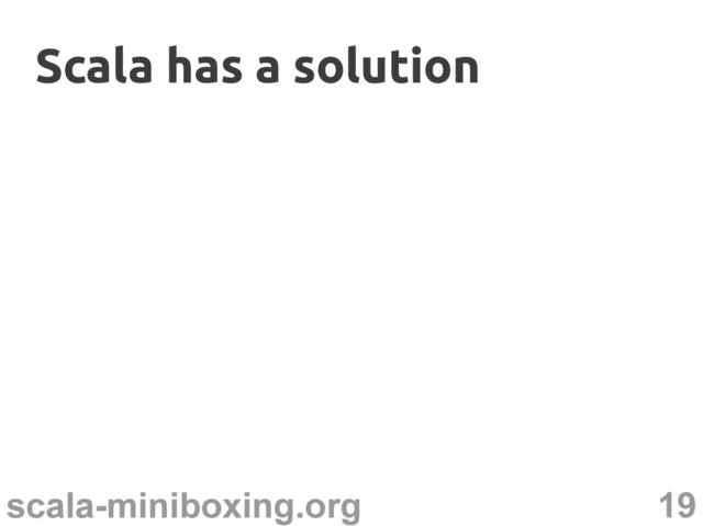 19
scala-miniboxing.org
Scala has a solution
Scala has a solution

