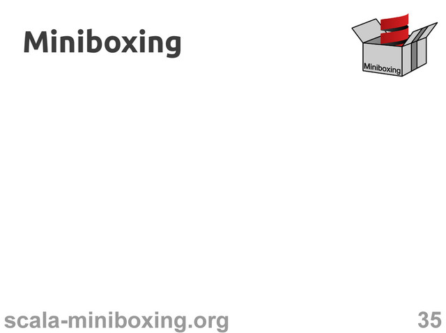35
scala-miniboxing.org
Miniboxing
Miniboxing
