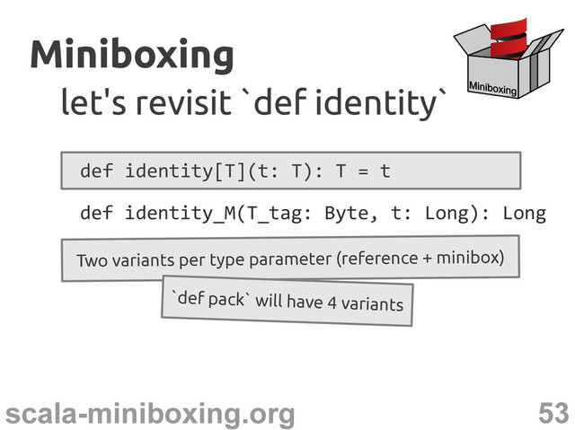 53
scala-miniboxing.org
Miniboxing
Miniboxing
let's revisit `def identity`
let's revisit `def identity`
def identity[T](t: T): T = t
Two variants per type parameter (reference + minibox)
`def pack` will have 4 variants
def identity_M(T_tag: Byte, t: Long): Long
