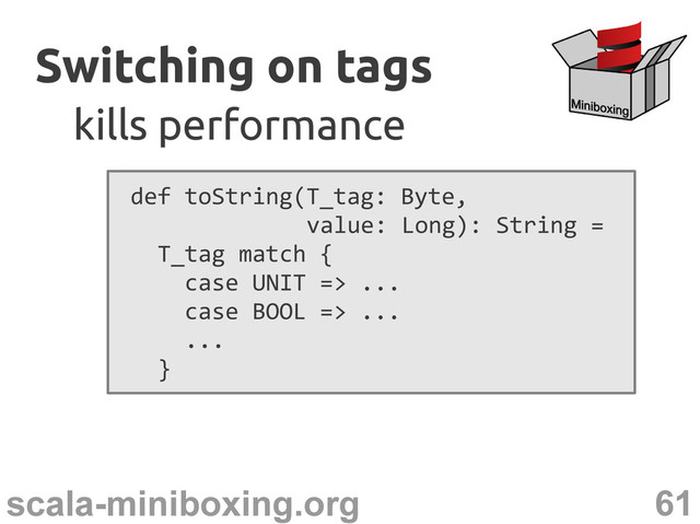 61
scala-miniboxing.org
def toString(T_tag: Byte,
value: Long): String =
T_tag match {
case UNIT => ...
case BOOL => ...
...
}
Switching on tags
Switching on tags
kills performance
kills performance
