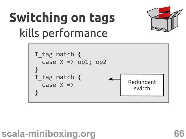 66
scala-miniboxing.org
T_tag match {
case X => op1; op2
}
T_tag match {
case X =>
}
Switching on tags
Switching on tags
kills performance
kills performance
Redundant
switch

