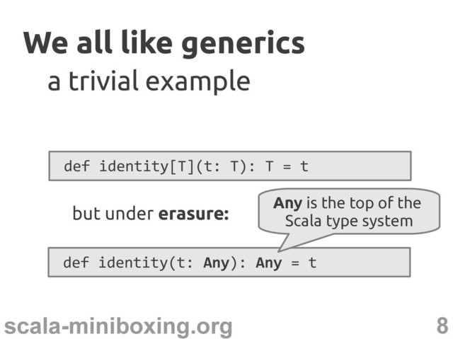 8
scala-miniboxing.org
We all like generics
We all like generics
def identity[T](t: T): T = t
a trivial example
a trivial example
but under erasure:
def identity(t: Any): Any = t
Any is the top of the
Scala type system
