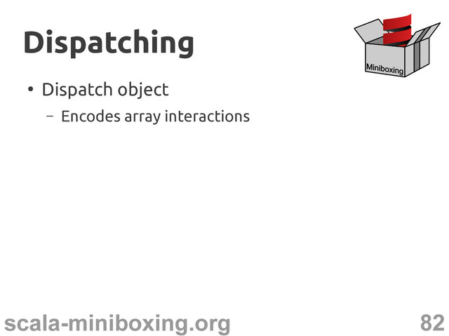 82
scala-miniboxing.org
●
Dispatch object
– Encodes array interactions
Dispatching
Dispatching
