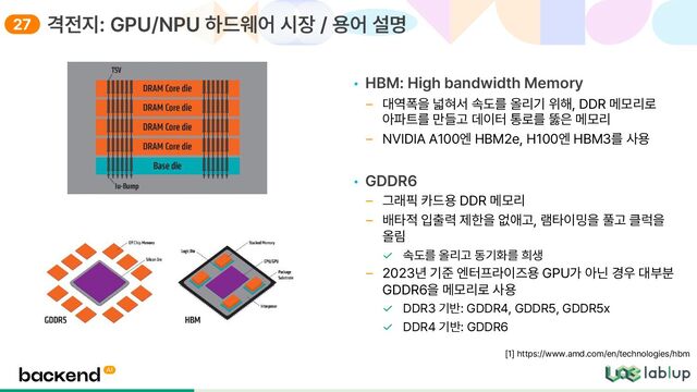 • HBM: High bandwidth Memory
대역폭을 넓혀서 속도를 올리기 위해, DDR 메모리로
아파트를 만들고 데이터 통로를 뚫은 메모리
NVIDIA A100엔 HBM2e, H100엔 HBM3를 사용
• GDDR6
그래픽 카드용 DDR 메모리
배타적 입출력 제한을 없애고, 램타이밍을 풀고 클럭을
올림
속도를 올리고 동기화를 희생
2023년 기준 엔터프라이즈용 GPU가 아닌 경우 대부분
GDDR6을 메모리로 사용
DDR3 기반: GDDR4, GDDR5, GDDR5x
DDR4 기반: GDDR6
격전지: GPU/NPU 하드웨어 시장 / 용어 설명
1 https://www.amd.com/en/technologies/hbm
27
