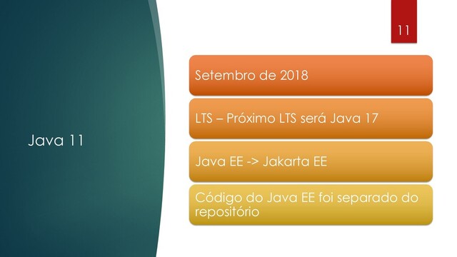 @rodrigograciano
Java 11
11
Setembro de 2018
LTS – Próximo LTS será Java 17
Java EE -> Jakarta EE
Código do Java EE foi separado do
repositório

