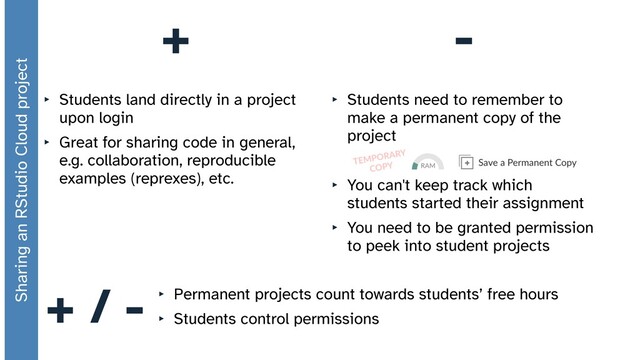 +
‣ Students land directly in a project
upon login


‣ Great for sharing code in general,
e.g. collaboration, reproducible
examples (reprexes), etc.
-
‣ Students need to remember to
make a permanent copy of the
project


‣ You can't keep track which
students started their assignment


‣ You need to be granted permission
to peek into student projects
‣ Permanent projects count towards students’ free hours


‣ Students control permissions
+ / -
Sharing an RStudio Cloud project
