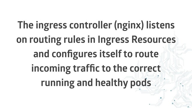 The ingress controller (nginx) listens
on routing rules in Ingress Resources
and conﬁgures itself to route
incoming trafﬁc to the correct
running and healthy pods
