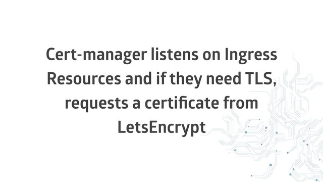 Cert-manager listens on Ingress
Resources and if they need TLS,
requests a certiﬁcate from
LetsEncrypt
