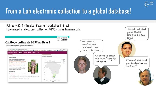 From a Lab electronic collection to a global database!
How about a
Pan-American
database? I have
US and CAN data.
We should go Global!!
Let's invite Zhang Hao
and Moretti.
I accept! I will send
you all Chinese
data I have in two
days!!
Of course! I Will send
you the data in... two
months, ok?
February 2017 - Tropical Fusarium workshop in Brazil
I presented an electronic collection FGSC strains from my Lab.
