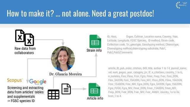 How to make it? … not alone. Need a great postdoc!
Strain info
Article info
article_ID, pub_order, citation, DOI, title, author 1 to 14, journal_name,
vol, num, pages, year, category_jcr, IF, n_citations, country_1 to 6,
n_isolates, Fasi, Fboo, Fcor, Fgra, Fmer, Fnep, Fvor, Fasi_DON,
Fasi_3ADON, Fasi_15ADON, Fasi_NIV, Fboo_DON, Fboo_15ADON,
Fcor_15ADON, Fcor_NIV, Fgra_DON, Fgra_3ADON, Fgra_15ADON,
Fgra_FUSX, Fgra_NIV, Fmer_DON, Fmer_15ADON, Fmer_NIV,
Fnep_DON, Fvor_DON, Fvor_NIV, Fvor_4ANIV, country_1a to 3a,
host_1 to 4.
ID, Host, Organ, Cultivar, Location name, Country, Year,
Latitude, Longitude, FGSC Species, ID method, Strain code,
Collection code, Tri_genotype, Genotyping method, Chemotype,
Chemotyping method,chemotyping substrate, Pub1,
Pub2,Pub3,Comments
Raw data from
collaborators
Screening and extracting
data from articles' tables
and supplementals
-> FGSC species ID
Dr. Glaucia Moreira
