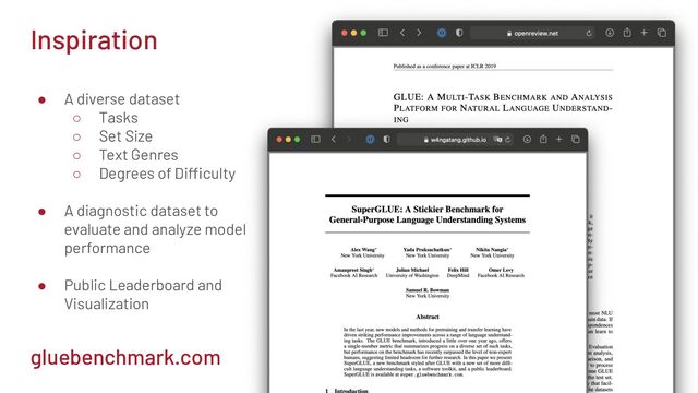 Inspiration
● A diverse dataset
○ Tasks
○ Set Size
○ Text Genres
○ Degrees of Difficulty
● A diagnostic dataset to
evaluate and analyze model
performance
● Public Leaderboard and
Visualization
gluebenchmark.com
