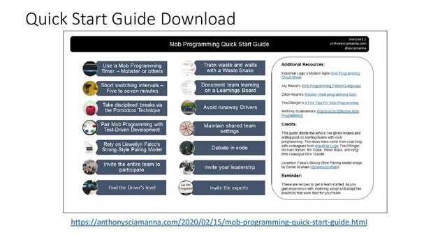 Quick Start Guide Download
https://anthonysciamanna.com/2020/02/15/mob-programming-quick-start-guide.html
