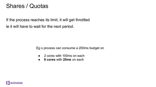 Shares / Quotas
If the process reaches its limit, it will get throttled
ie it will have to wait for the next period.
Eg s process can consume a 200ms budget on
● 2 cores with 100ms on each
● 8 cores with 25ms on each
