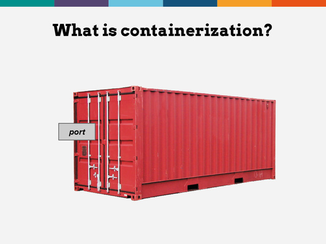 What is containerization?
Back end
Service
Deps/conf
port
