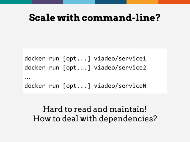 Scale with command-line?
docker run [opt...] viadeo/service1
docker run [opt...] viadeo/service2
…
docker run [opt...] viadeo/serviceN
Hard to read and maintain!
How to deal with dependencies?

