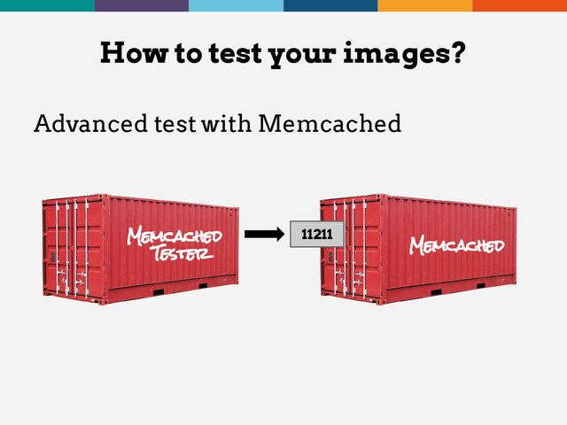 Advanced test with Memcached
How to test your images?
Memcached
11211
MEMCACHED Client
Memcached
Tester
