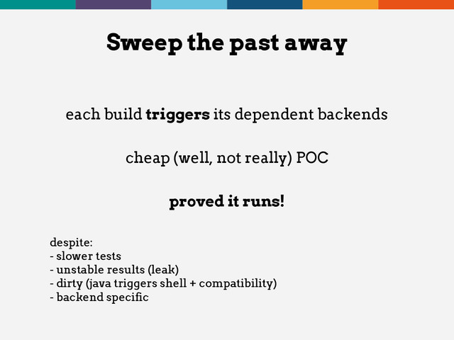 each build triggers its dependent backends
cheap (well, not really) POC
proved it runs!
despite:
- slower tests
- unstable results (leak)
- dirty (java triggers shell + compatibility)
- backend specific
Sweep the past away
