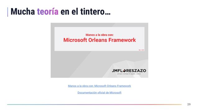 29
29
Mucha en el tintero…
Manos a la obra con: Microsoft Orleans Framework
Documentación oficial de Microsoft
