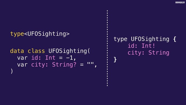 @BRWNGRLDEV
type
data class UFOSighting(
var id: Int = -1,
var city: String? = "",
)
type UFOSighting {
id: Int!
city: String
}
