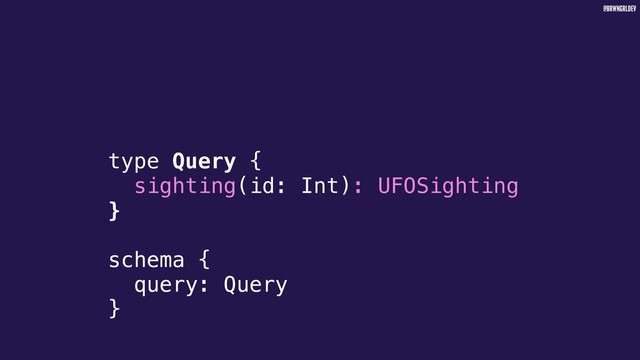 @BRWNGRLDEV
type Query {
sighting(id: Int): UFOSighting
}
schema {
query: Query
}

