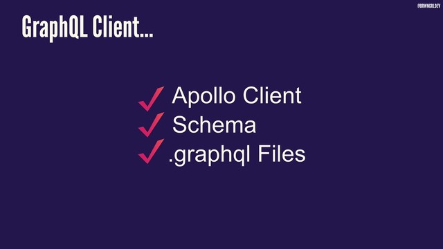 @BRWNGRLDEV
GraphQL Client…
Apollo Client
Schema
.graphql Files
