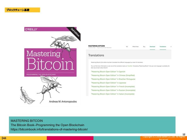 Copyright (C) 2018 DeNA Co.,Ltd. All Rights
12
MASTERING BITCOIN
The Bitcoin Book–Programming the Open Blockchain
https://bitcoinbook.info/translations-of-mastering-bitcoin/
ブロックチェーン基礎
