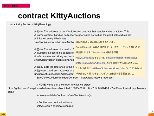 Copyright (C) 2018 DeNA Co.,Ltd. All Rights
15
2
ERC721を読む
contract KittyAuction is KittyBreeding {
/// @dev The address of the ClockAuction contract that handles sales of Kitties. This
/// same contract handles both peer-to-peer sales as well as the gen0 sales which are
/// initiated every 15 minutes.
SaleClockAuction public saleAuction;
/// @dev The address of a custom ClockAution subclassed contract that handles siring
/// auctions. Needs to be separate from saleAuction because the actions taken on success
/// after a sales and siring auction are quite different.
SiringClockAuction public siringAuction;
/// @dev Sets the reference to the sale auction.
/// @param _address - Address of sale contract.
function setSaleAuctionAddress(address _address) public onlyCEO {
SaleClockAuction candidateContract = SaleClockAuction(_address);
// NOTE: verify that a contract is what we expect -
https://github.com/Lunyr/crowdsale-contracts/blob/cfadd15986c30521d8ba7d5b6f57b4fefcc7ac38/contracts/LunyrToken.s
ol#L117
require(candidateContract.isSaleClockAuction());
// Set the new contract address
saleAuction = candidateContract;
}
contract KittyAuctions
猫の売買及び貸し出しに関するメソッド。
CryptoKittiesは、通常の猫の販売、そしてブリーディングのために
猫を貸し出す２つのオークション機能を保持。
KittyAuctionsコントラクトは、setSaleAuctionAddress()と
setSiringAuctionAddress()の２つの関数から作られている。
これらは前出の setGeneScienceAddress()のようにCEOのみが
呼び出せ、外部コントラクトアドレスを利用できる関数として。
