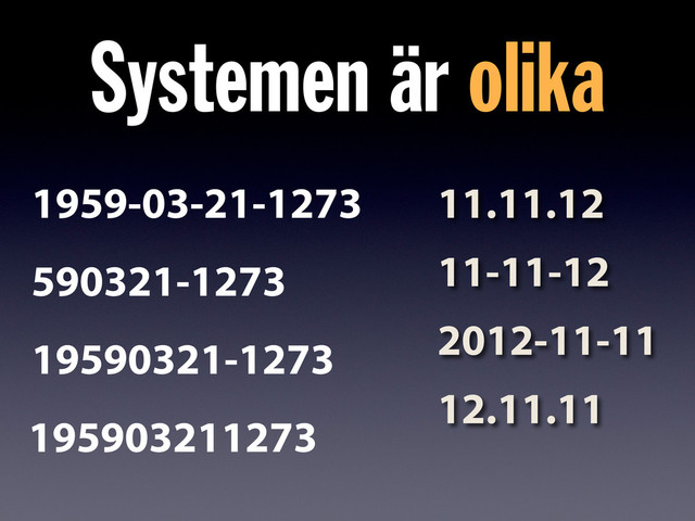 Systemen är olika
11.11.12
11-11-12
2012-11-11
12.11.11
1959-03-21-1273
590321-1273
19590321-1273
195903211273
