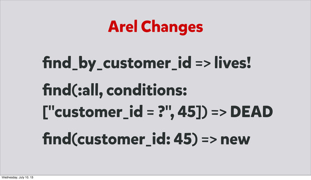 Arel Changes
ﬁnd_by_customer_id => lives!
ﬁnd(:all, conditions:
["customer_id = ?", 45]) => DEAD
ﬁnd(customer_id: 45) => new
Wednesday, July 10, 13
