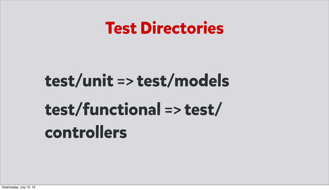 Test Directories
test/unit => test/models
test/functional => test/
controllers
Wednesday, July 10, 13
