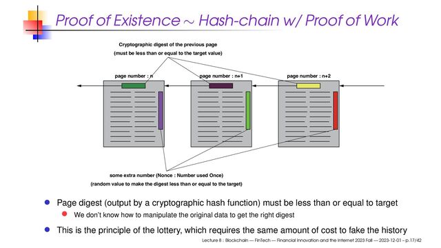 Proof of Existence ∼ Hash-chain w/ Proof of Work
page number : n page number : n+1 page number : n+2
Cryptographic digest of the previous page
(must be less than or equal to the target value)
some extra number (Nonce : Number used Once)
(random value to make the digest less than or equal to the target)
Page digest (output by a cryptographic hash function) must be less than or equal to target
We don’t know how to manipulate the original data to get the right digest
This is the principle of the lottery, which requires the same amount of cost to fake the history
Lecture 8 : Blockchain — FinTech — Financial Innovation and the Internet 2023 Fall — 2023-12-01 – p.17/42
