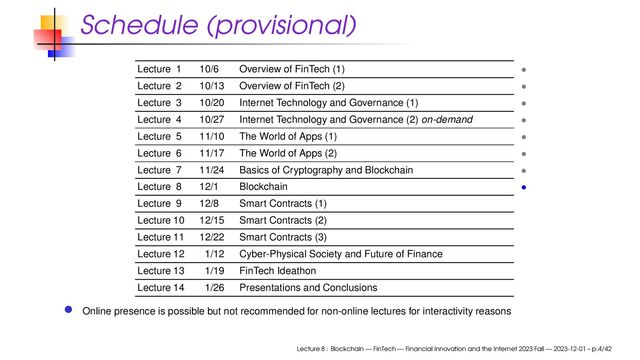 Schedule (provisional)
Lecture 1 10/6 Overview of FinTech (1) •
Lecture 2 10/13 Overview of FinTech (2) •
Lecture 3 10/20 Internet Technology and Governance (1) •
Lecture 4 10/27 Internet Technology and Governance (2) on-demand •
Lecture 5 11/10 The World of Apps (1) •
Lecture 6 11/17 The World of Apps (2) •
Lecture 7 11/24 Basics of Cryptography and Blockchain •
Lecture 8 12/1 Blockchain •
Lecture 9 12/8 Smart Contracts (1)
Lecture 10 12/15 Smart Contracts (2)
Lecture 11 12/22 Smart Contracts (3)
Lecture 12 1/12 Cyber-Physical Society and Future of Finance
Lecture 13 1/19 FinTech Ideathon
Lecture 14 1/26 Presentations and Conclusions
Online presence is possible but not recommended for non-online lectures for interactivity reasons
Lecture 8 : Blockchain — FinTech — Financial Innovation and the Internet 2023 Fall — 2023-12-01 – p.4/42
