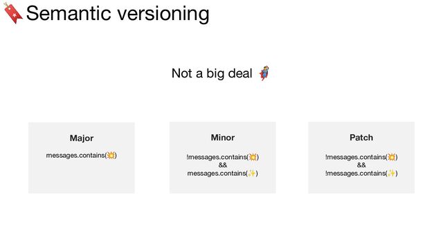 🔖Semantic versioning
Major
messages.contains(💥)
Minor
!messages.contains(💥)
&&
messages.contains(✨)
Not a big deal 🦸
Patch
!messages.contains(💥)
&&
!messages.contains(✨)
