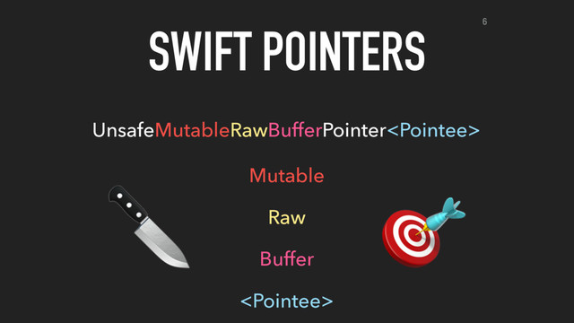 SWIFT POINTERS
UnsafeMutableRawBufferPointer
Mutable
Raw
Buffer

 
6
