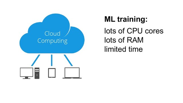 ML training:
lots of CPU cores
lots of RAM
limited time

