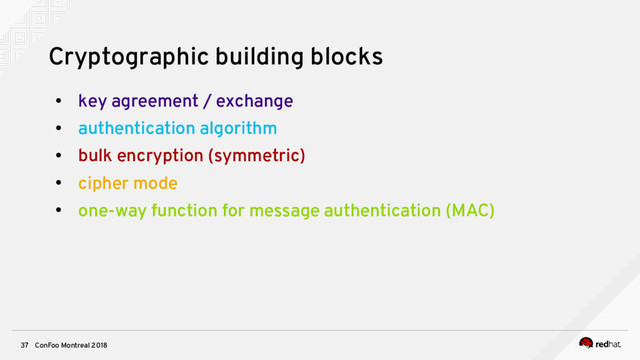 ConFoo Montreal 2018
37
Cryptographic building blocks
●
key agreement / exchange
●
authentication algorithm
●
bulk encryption (symmetric)
●
cipher mode
●
one-way function for message authentication (MAC)
