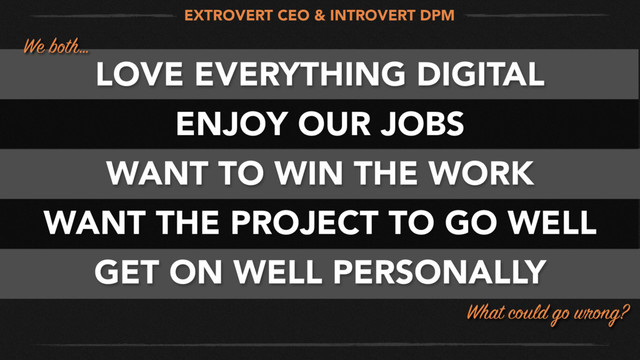 LOVE EVERYTHING DIGITAL
ENJOY OUR JOBS
WANT TO WIN THE WORK
WANT THE PROJECT TO GO WELL
GET ON WELL PERSONALLY
EXTROVERT CEO & INTROVERT DPM
We both…
What could go wrong?
