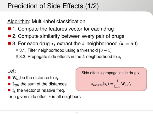 12
Algorithm: Multi-label classification
1. Compute the features vector for each drug
2. Compute similarity between every pair of drugs
3. For each drug  extract the  neighborhood ( = 50)
3.1. Filter neighborhood using a threshold [0 − 1]
3.2. Propagate side effects in the  neighborhood to 
Let:
 be the distance to 
  the sum of the distances
  the vector of relative freq.
for a given side effect  in all neighbors
Prediction of Side Effects (1/2)
ℎ

=
1



Side effect  propagation in drug 
