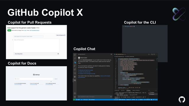 GitHub Copilot X
Copilot for Pull Requests
Copilot for Docs
Copilot for the CLI
Copilot Chat
