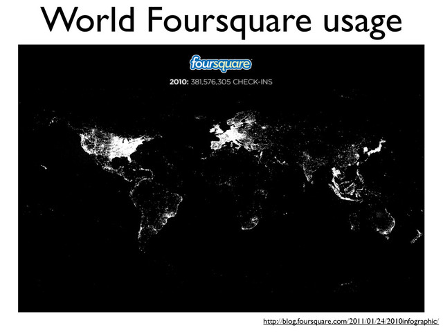 World Foursquare usage
Text
http://blog.foursquare.com/2011/01/24/2010infographic/
