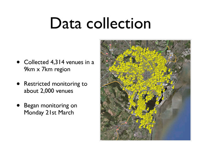 Data collection
• Collected 4,314 venues in a
9km x 7km region
• Restricted monitoring to
about 2,000 venues
• Began monitoring on
Monday 21st March
