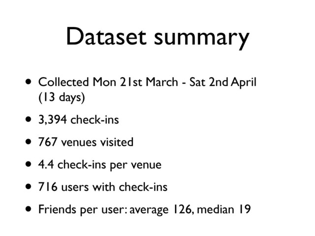 Dataset summary
• Collected Mon 21st March - Sat 2nd April
(13 days)
• 3,394 check-ins
• 767 venues visited
• 4.4 check-ins per venue
• 716 users with check-ins
• Friends per user: average 126, median 19
