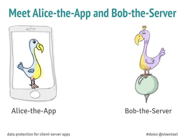 Meet Alice-the-App and Bob-the-Server
Alice-the-App Bob-the-Server
data protection for client-server apps #doios @vixentael
