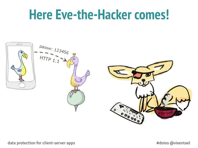 Here Eve-the-Hacker comes!
passw: 123456
HTTP 1.1
data protection for client-server apps #doios @vixentael
