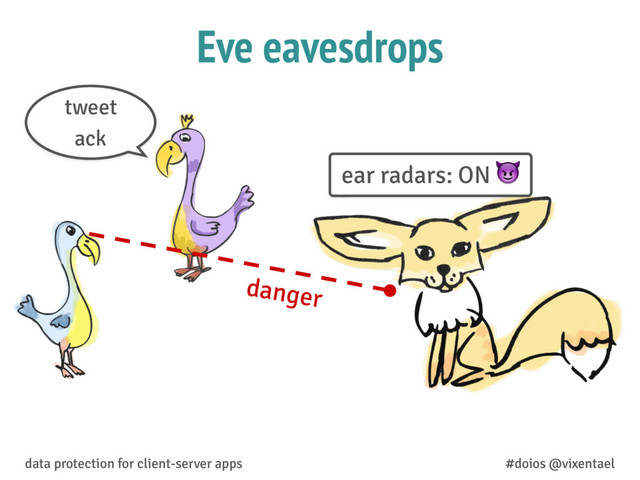 Eve eavesdrops
danger
data protection for client-server apps #doios @vixentael
tweet
ack
ear radars: ON 
