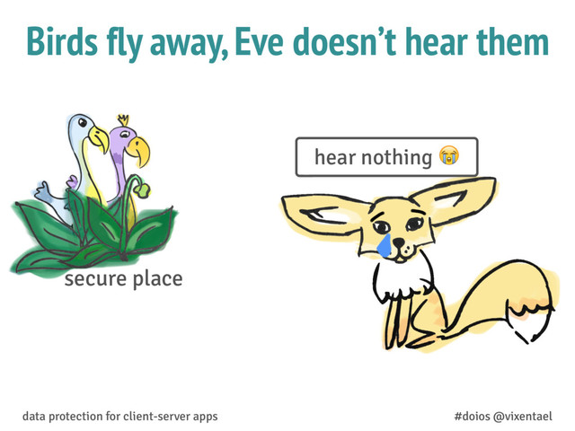 Birds fly away, Eve doesn’t hear them
data protection for client-server apps #doios @vixentael
secure place
hear nothing 

